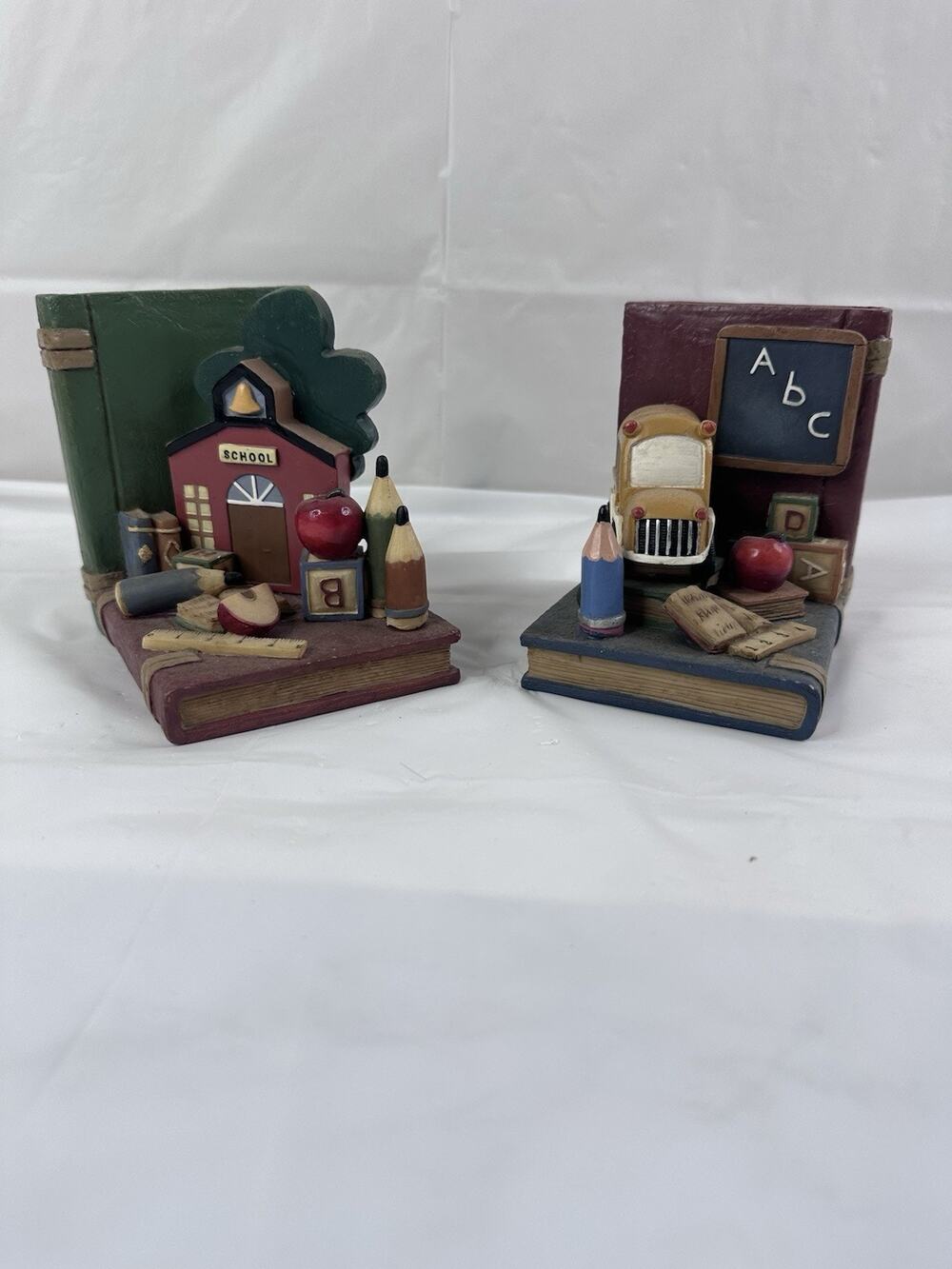 School Bus Teacher Library Books Apple Ruler ABC Resin Bookend Decor Set Of 2